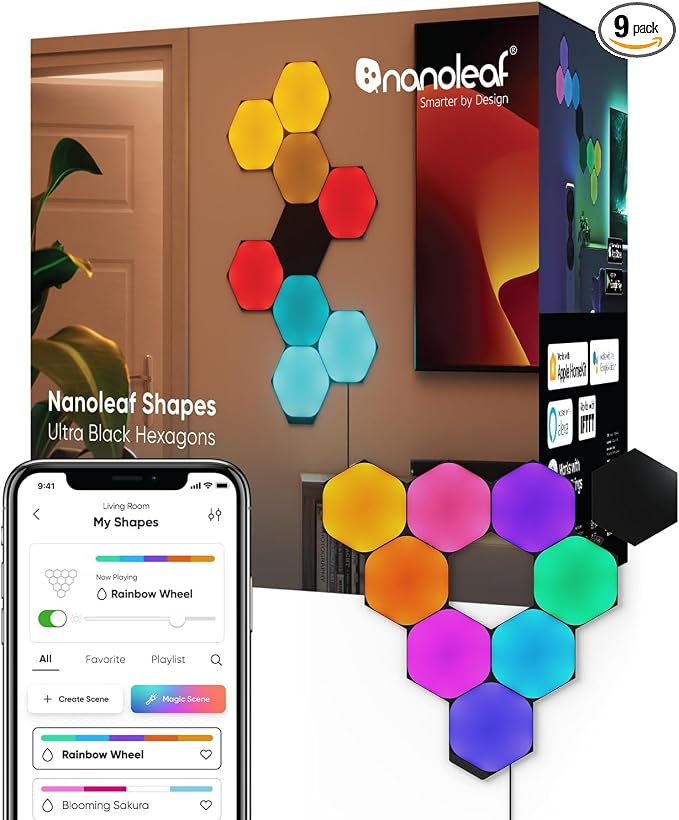 Nanoleaf Shapes Hexagon Lights, Smart RGBW LED Wall Light Panels, 9PK | Compatible with Alexa Google Assistant, Home Wall Decor for Living Room with Music Sync, Smarter Kit