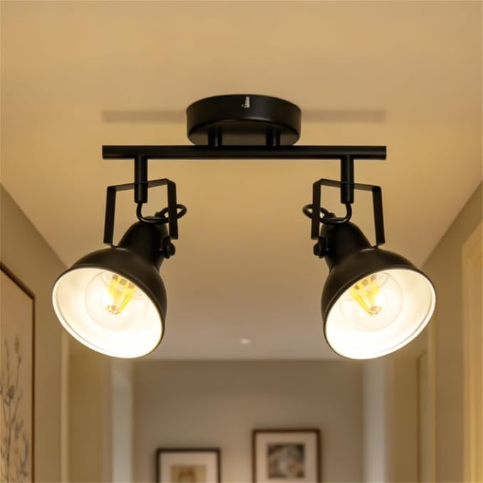 HiBay LED Track Lighting Fixtures, Rotatable 2-Light Spot Light Black | Ceiling Wall Mount, Industrial Track Light Spotlight for Kitchen, Living Room, Hallway, E26 Base (Bulbs Not Included)