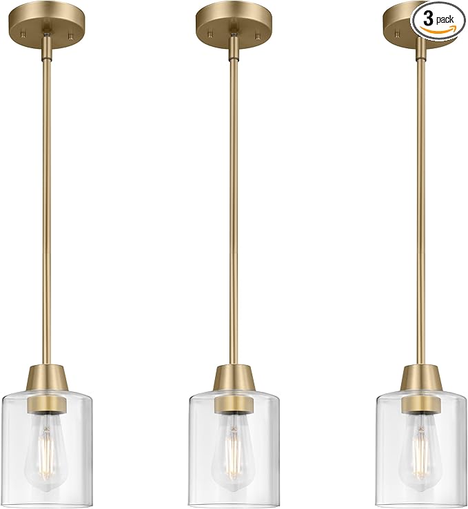 3 Pack 1 Light Brass Pendant Lights Kitchen Island, Gold Modern Chandelier Clear Glass Shade, Adjustable Multiple Stems Rods Hanging Farmhouse E26 Socket Light for Dining Room Bedroom Bar