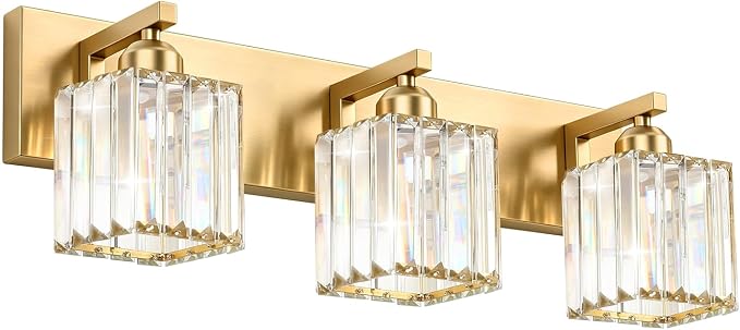 Gold Crystal Bathroom Vanity Light, 3-Light Modern Bathroom Lighting Fixtures Over Mirror,Chrome Wall Sconce Light Fixtures with Square Shade