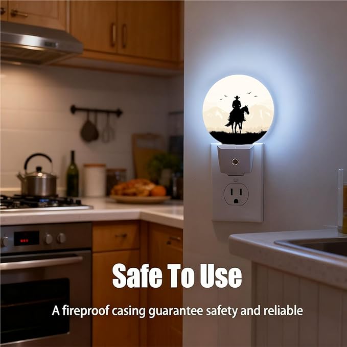 Plug-in Cowboy on Horseback Night Light Vintage Western Scene Night Lights Plug into Wall with Auto on/Off Sensor, 0.5W LED Nightlight for Bedroom Bathroom Kitchen Hallway