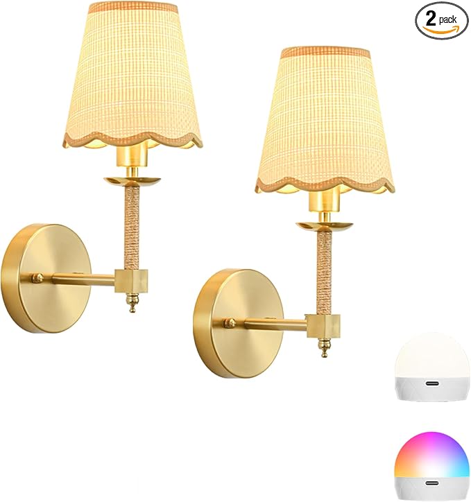 Boho Battery Operated Wall Sconce Set of 2, Medium Wireless Rechargeable Wall Lights with Rattan Shade, 12 RGB and 3CCT Dimmable Cordless Wall Lamps with Remote for Living Room
