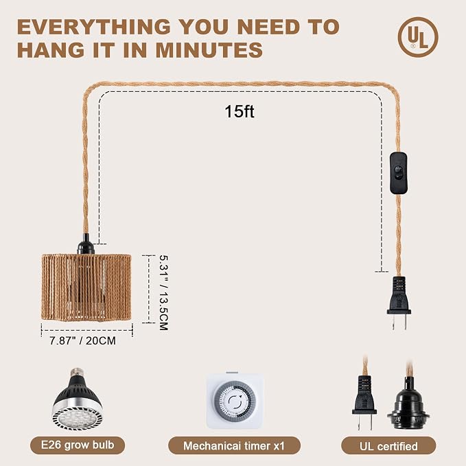 Hanging Grow Light, 30W LED Lamp with Timer for Indoor Plants | 4000K LED plant lamp with 15 ft cord, outlet timer, and boho paper rope shade for succulents, herbs, and low-light rooms.