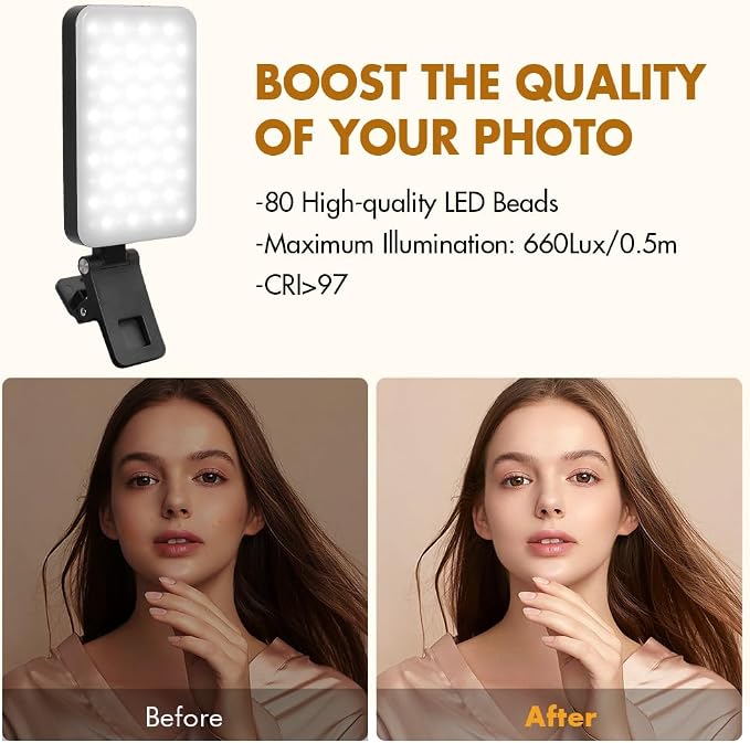 Selfie Light for iPhone,Portable Phone Clip on Light,Rechargeable LED Ring Light for Phone,Video Recording,Camera,Laptop,TikTok,Tablet,Vlog,Computer,5 Lighting Modes,80 LED High Power