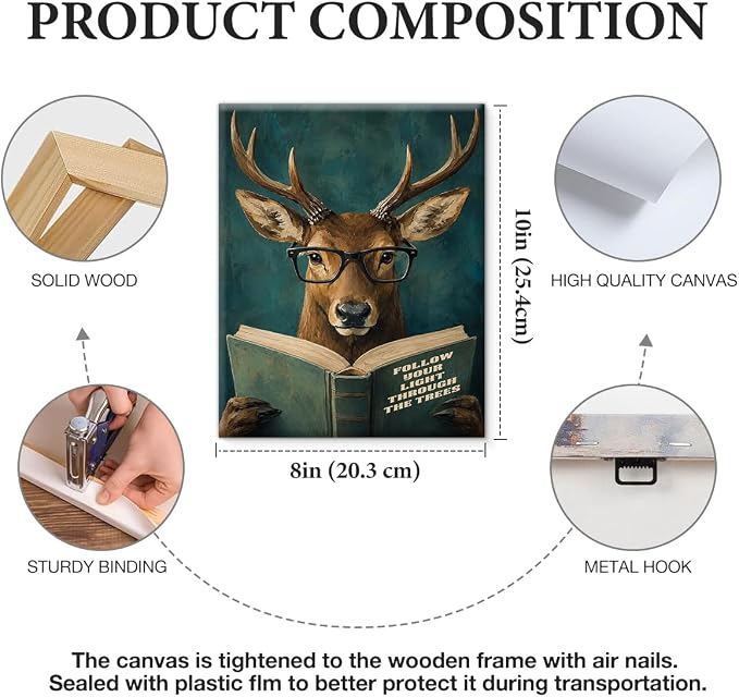 NSFBESSLIA Funny Reading Deer Painting, Whimsical Vintage Animal Decor, Follow Your Light Through The Trees, Motivational Wall Art for Living Room Bedroom Entryway, 8x10 Inch