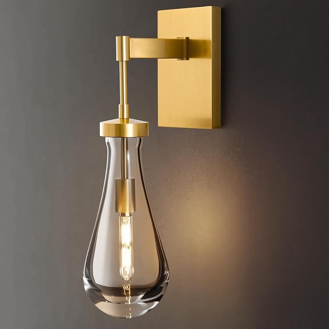 Raindrop Brass Crystal Wall Sconce: Luxury Modern Gold Bathroom Lighting | Clear Solid Indoor Sconces with Bulbs, Dimmable Vanity Lamp, Light Fixtures for Bedroom Living Room Hallway Bedside