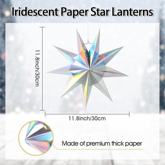 5Pack 9-Pointed Paper Star Lanterns 11.8 Inch Iridescent Hanging Paper Lampshade for Winter Wonderland, Christmas Holiday, Weddings, Frozen Birthday Party Celebration Decor