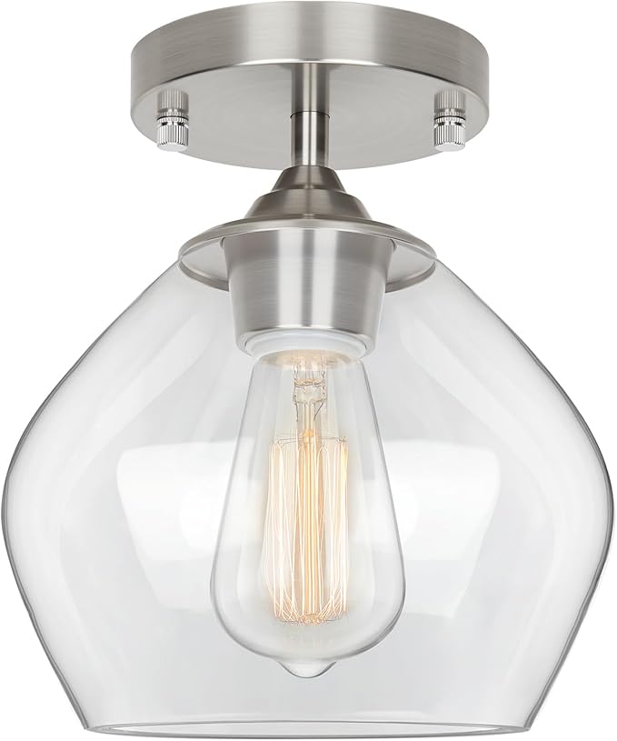 Modern Semi Flush Mount Ceiling Light Fixture, Brushed Nickel | Clear Glass Shade, Quick & Easy Installation, Premium Quality, Perfect for Hallway Kitchen Entryway Laundry