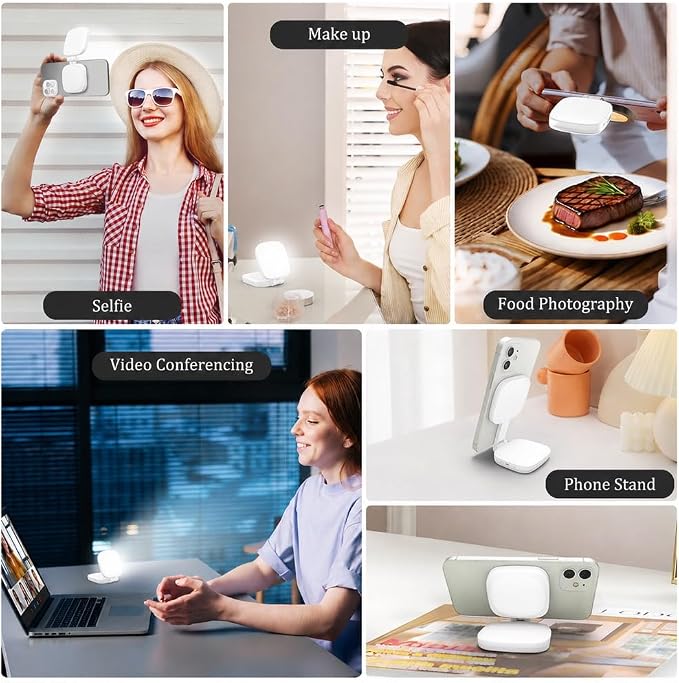 Magnetic Selfie Light Compatible with MagSafe, Foldable LED Phone Light with Mirror, 48 LEDs 5 Color Modes & 5 Brightness Levels, 360° Rotating Fill Light for Selfies, Makeup, TikTok, Zoom