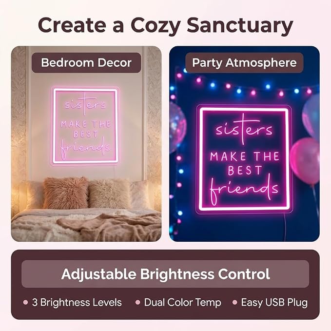 Sisters Make The Best Friends Neon Sign, Pink Led Wall Decor for Bedroom, Gift for Sister, Best Friend, BFF, USB Dimmable Aesthetic Room Decor for Girls, Unique Friendship Gift (13.8"x12.4")