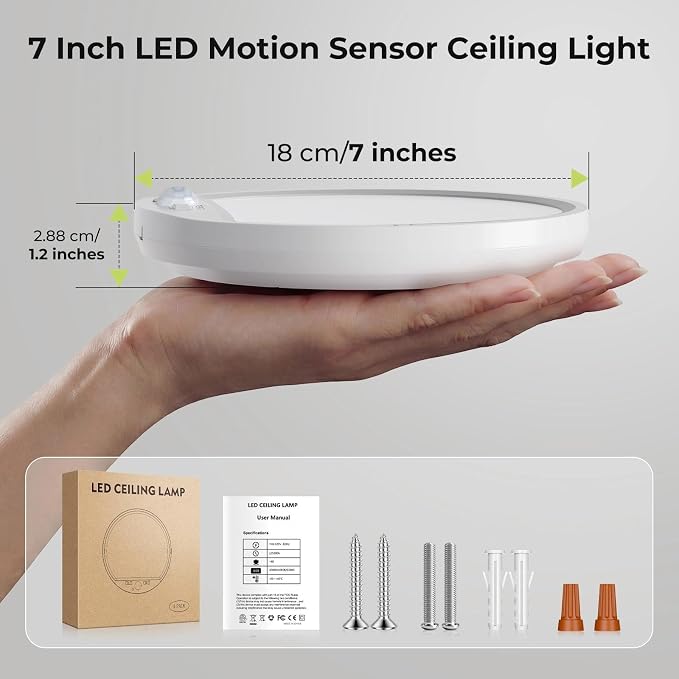 hepside Motion Sensor Ceiling Light Wired, 3000K/4000K/6500K LED Flush Mount Ceiling Light Fixture, 7Inch 15W Motion Sensor Light with Timer for Closet Stair Porch Hallway Pantry,White