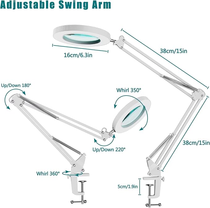 YOUKOYI LED Magnifying Lamp Metal Swing Arm Magnifier Lamp -10 Levels Brightness, 3 Color Modes, 5X Magnification, 4.1" Diameter Glass Lens, Adjustable Industrial Clamp for Reading/Office/Work (White)