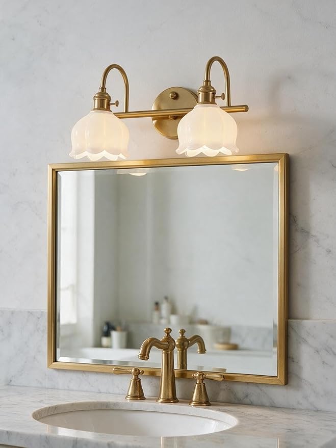 Bathroom Light Fixtures, 3-Light Brass Vanity Wall Light with Amber Tulip Glass Shades, Vintage Wall Sconce Over Mirror for Bathroom, Bedroom, Living Room (Bulbs Not Included) (White, 2-Light)