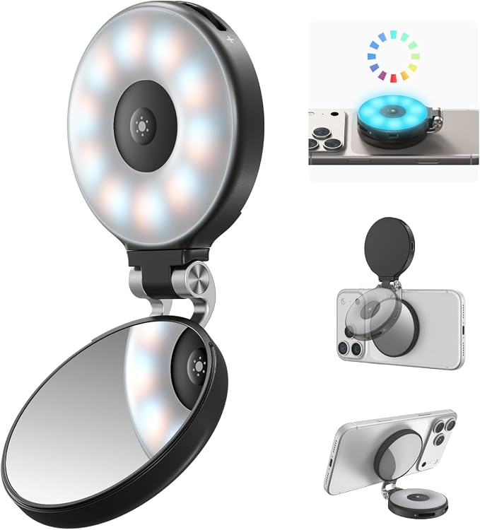 TELESIN Upgraded 4-in-1 Magnetic RGB Selfie Ring Light with Mirror & Phone Stand, Rechargeable Portable Clip On Fill Light for iPhone Samsung TikTok, Vlogging, Makeup, Photography, Streaming (Black)