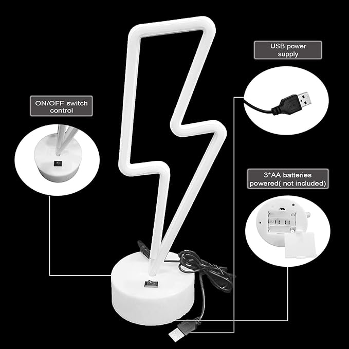 Pink Lightning Bolt Neon Sign, Aesthetic Room Decor for Bedroom, Battery/USB Operated LED Light with Base