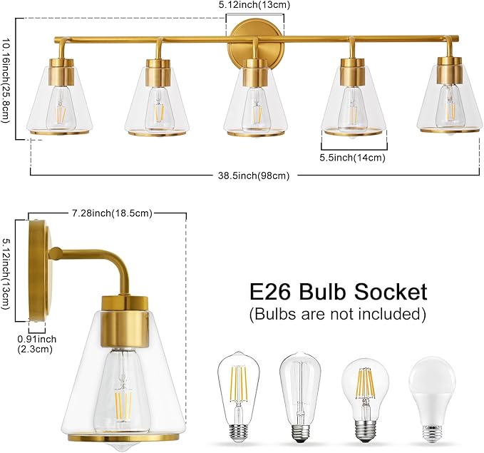 Gold Vanity Light 5 Lights 38.5" Large Vanity Lights for Bathroom, Wall Sconces Light with Clear Glass Shade, Light Fixtures for Bathroom, Living Room, Kitchen, Bedroom, E26 Base