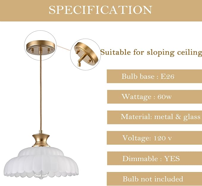 HYDELITE Vintage Frosted Glass Pendant Lights Kitchen Island Lighting | Brass Over Kitchen Sink Adjustable Hanging Pendant for Dining Room Kitchen Entryway