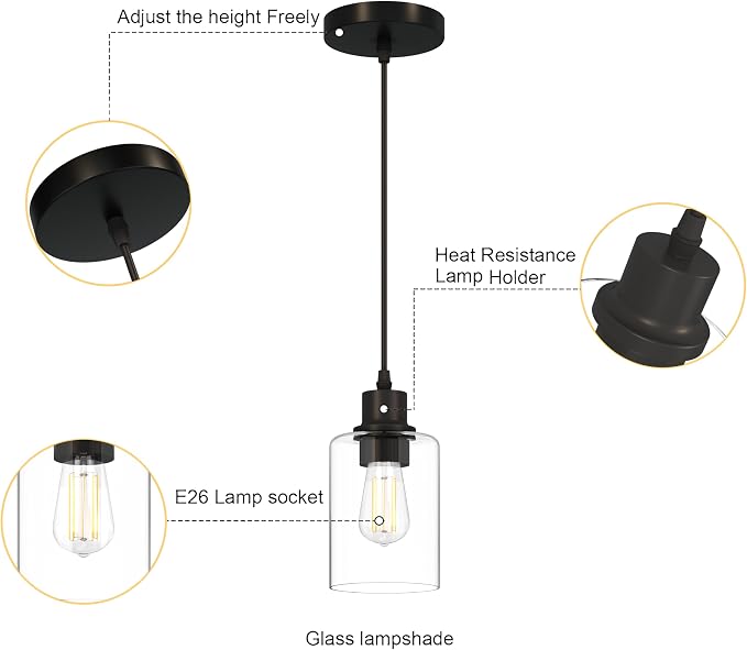 Pendant Lights Kitchen Island, E26 Socket Adjustable Cord for Dining Room,Bedroom,Living Room,Farmhouse Industrial Pendant Light Fixtures with Glass Shade,Modern Pendant Lighting,1Pack