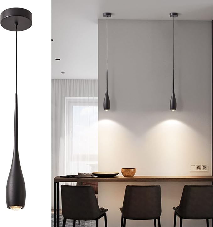 Black Pendant Light for Kitchen Island, LED Dimmable Pendant Light fixtures, Small Modern Industrial Hanging Pendant Light for Over Sink, Bar, Dining Room, Bedside（1-Pack）