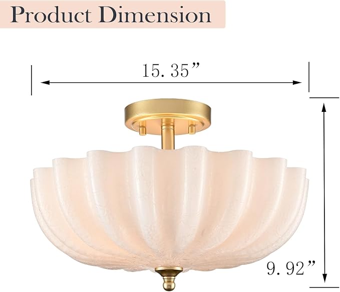 Modern Gold Milky Crackle Glass Semi Flush Mount Ceiling Light | Flower Scalloped Shade 3-Light Brushed Brass Ceiling Light for Bedroom Entryway Living Room
