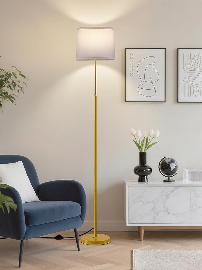 60" Modern Floor Lamp for Living Room Bedroom, Standing Lamp with White Linen Lampshade, Tall Lamp with A19 9W 3 Color Temperature Bulb, Foot Switch Control, Gold