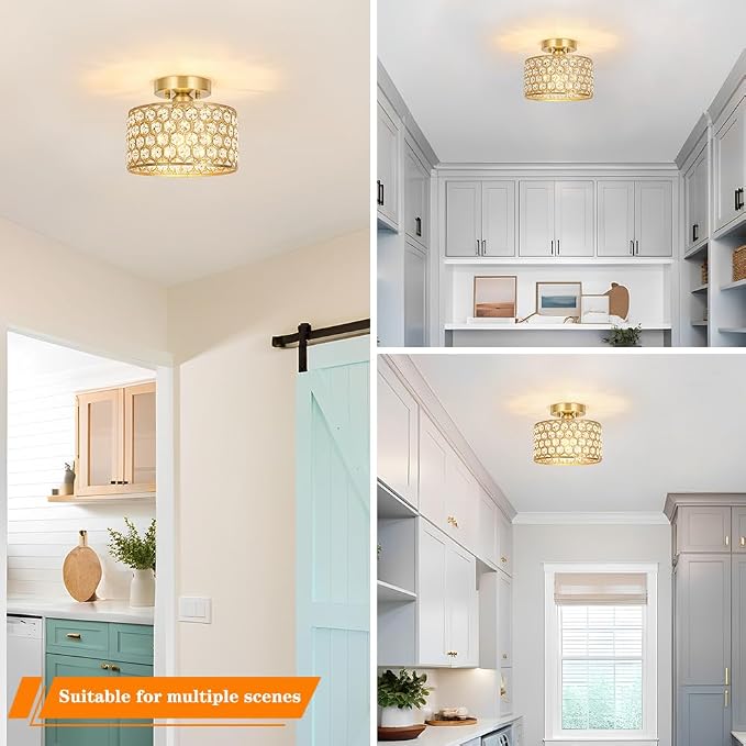Lxybcce Gold Crystal Ceiling Light Fixture - Modern Semi Flush Mount Ceiling Chandelier Lighting for Hallway, Kitchen & Foyer | Dazzling Prism Chandelier with Easy Installation,1 Light, 9 in