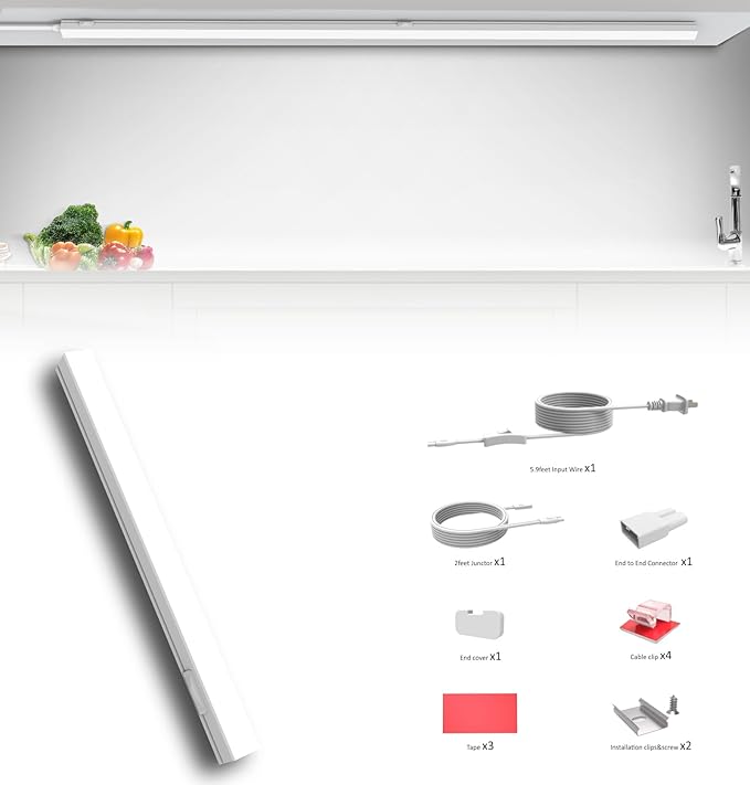 Under Cabinet Lighting Plug in, 12 Inch 1 Pc, Linkable AC120V 3CCT 3000K/4000K/5000K Ultra Slim, LED Under Cabinet Lights for Counter Light, Kitchen, Shelf, Sink, Workshop, Desk，White