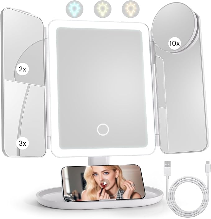 Lupow Makeup Mirror Vanity Mirror with 3 Lighting and Adjustable Brightness,Detachable Height-Adjustable Dresser Mount,2X,3X,10X Magnification,Suitable for Bathrooms,Vanity,Ideal Gifts for Women
