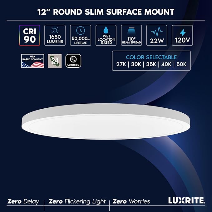 LUXRITE 12 Inch LED Flush Mount Ceiling Light, LED Surface Mount, 5CCT 2700K-5000K, 1650 Lumens, CRI90, 110° Beam Angle, 22 Watt, Dimmable, Wet Rated & UL Listed, Round Slim Trim