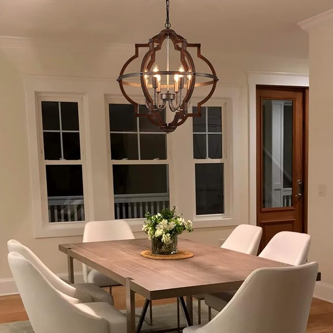 23'' 6-Light Wood Farmhouse Chandelier for Dining Room Vintage Rustic Oak Brown Pendant Light Fixtures Globe Hanging Ceiling Lighting for Hallway Entryway Foyer Kitchen Living Room Bedroom