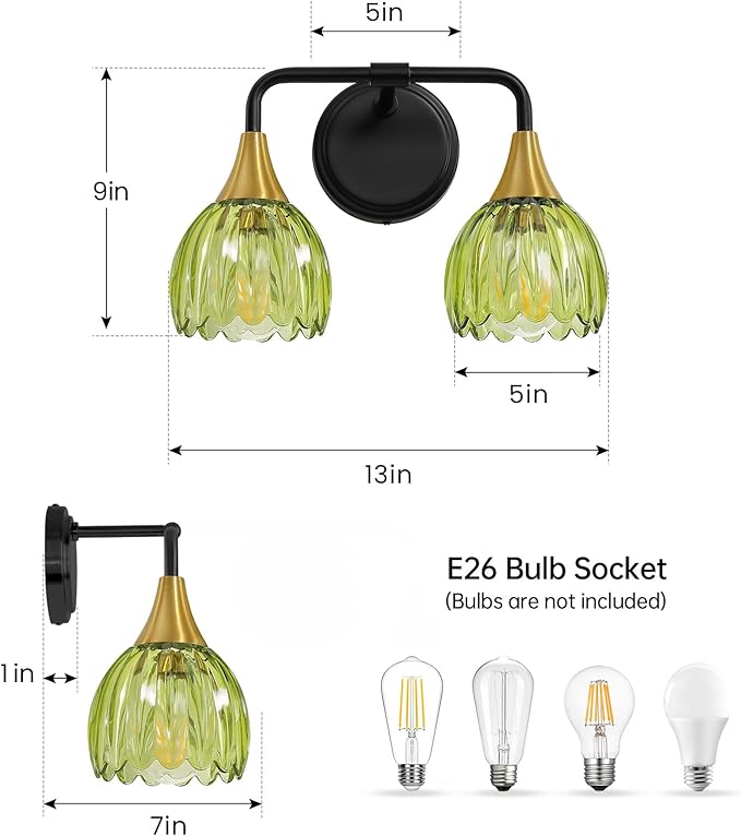 Bathroom Vanity Light Fixtures: 2-Lights Vintage Bathroom Lights Over Mirror with Ribbed Green Tulip Glass Shade - 14 inch Black and Gold Wall Sconce Bath Lighting