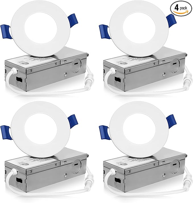 Meconard 4 Pack 3 Inch 5CCT LED Recessed Ceiling Light with Junction Box, 2700K/3000K/3500K/4000K/5000K Selectable Ultra-Thin Lighting, Dimmable 6W=60W, 600LM, IC Rated Can-Killer Downlights, ETL