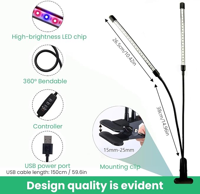 Grow Lights for Indoor Plants 2 Heads Full Spectrum plant light growing | Flexible Gooseneck Clip On,40 LEDs,3/9/12H Timer,3 Modes,10 Brightness Levels,Seed Starting,Flowers & Vegetables
