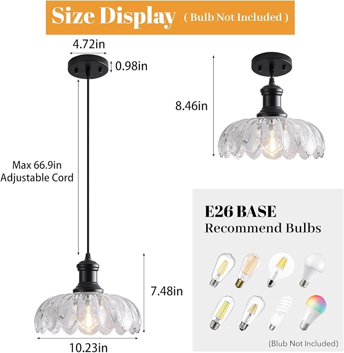 Farmhouse Pendant Light Fixture, Vintage Glass Pendant Light Kitchen Island Over Sink Table, Adjustable Hanging Pendant Lamp for Bedroom, Dining Room, Living Room, Bathroom