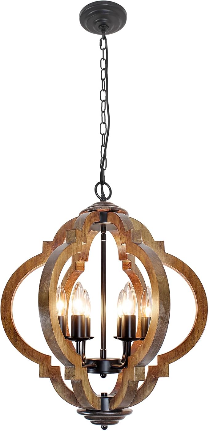 Farmhouse Rustic Wooden Chandelier, 6-Light Farmhouse Hanging Light Fixture with Black Metal & Brown Wood, for Dining Room, Kitchen, Living Room, Entryway, Foyer, Bedroom, Hallway