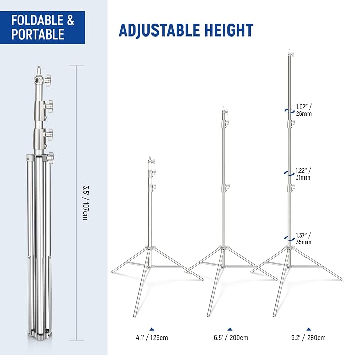 NEEWER 9.2ft/2.8m Stainless Steel Light Stand, Spring Cushioned Heavy Duty Photography Tripod Stand with 1/4” to 3/8” Universal Screw Adapter for Strobe,LED Video Light,Ring Light,Monolight, Softbox