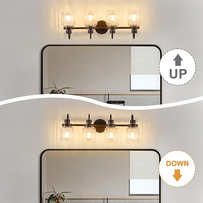 4 Lights Hammered Glass Bathroom Vanity Light, Oil Rubbed Bronze | Easy Installation,Up or Down,Farmhouse Modern Style,E26 Socket,ETL Certification