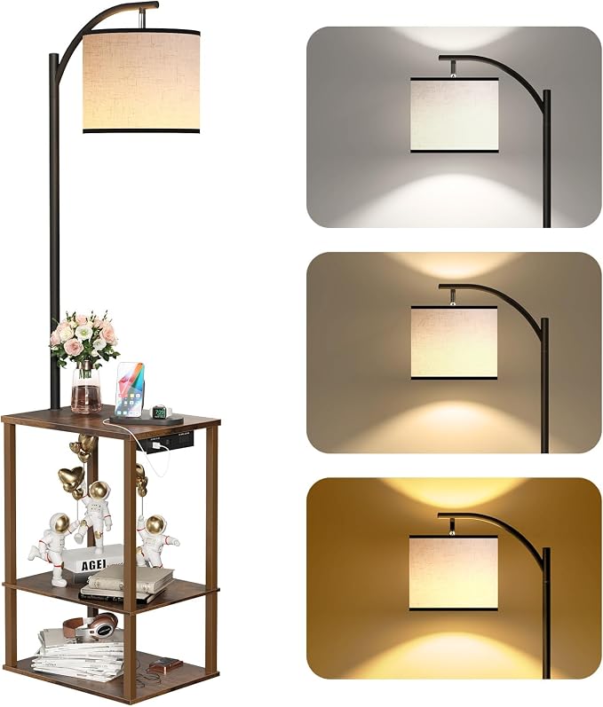 SUNMORY Floor Lamp with Table Shelves, End Side Table for Living Room | USB & AC Charging Stations, 3 Color Temperature 9W LED Bulb, Adjustable Shade, Modern Nightstand Lamps for Bedroom Office