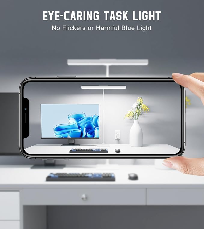 LED Desk Lamp for Home Office with Base, Eye-Caring Desk Light 12W | Tall Lamp for Computer Monitor Task Reading, Adjustable Gooseneck, 5 Dimmable Brightness & Color, Touch Control, Timer