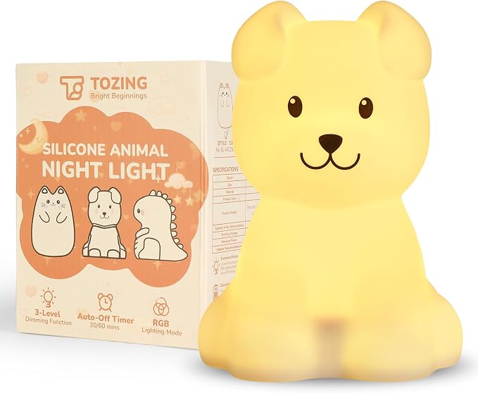Night Light for Kids, LED Puppy Squishy Animal Lamp for Baby, Soft Silicone Dimmable Bedside Touch Light with Timer, Battery Rechargeable Nightlight Boys Gifts Toddler Room Decor 4.53 x 1.81 x 4.13 in