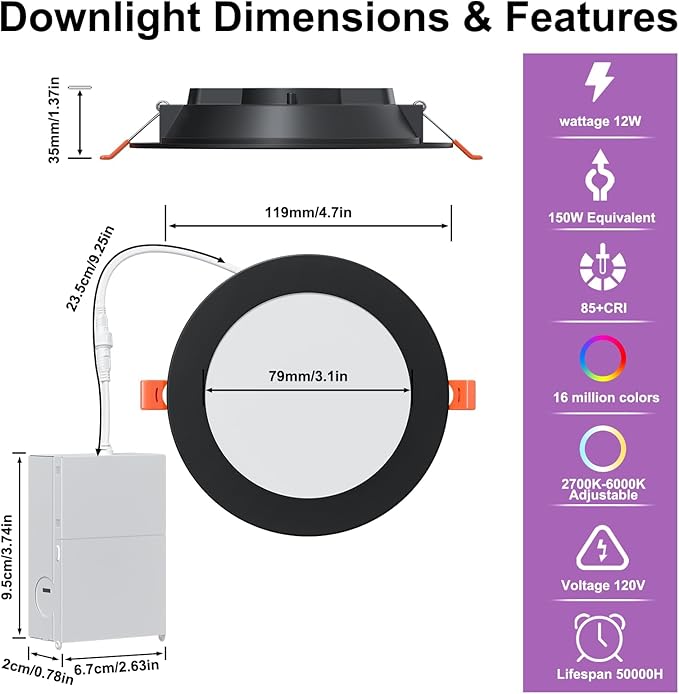 Black Smart Recessed Lighting 4 Inch RGBCW Color Changing 12W LED Downlight with Junction Box,1080 Lumen Recessed Ceiling Light Compatible with Alexa,Dimmable by Bluetooth Control -1Pack