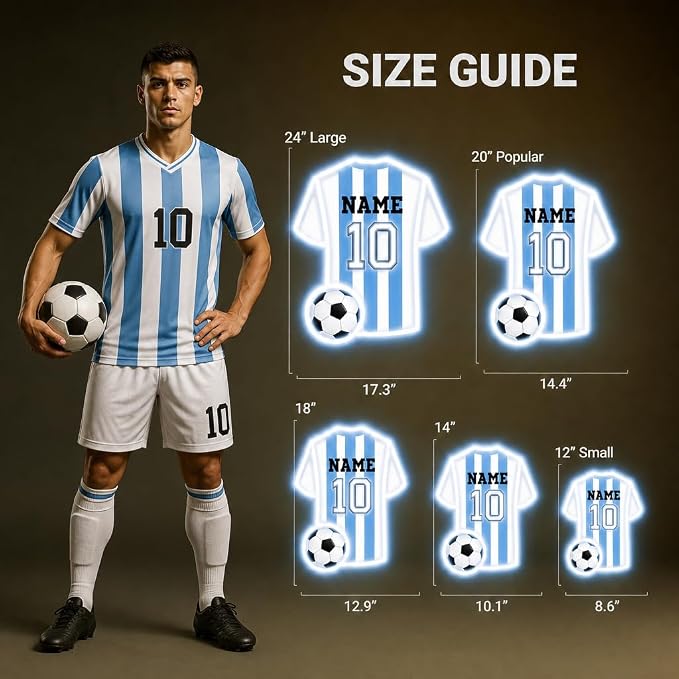 Custom Soccer Jersey Neon Sign, Personalized Name Number world cup Football Jersey Neon Light with Soccer Ball, Customizable USB LED Wall Decor for Boys Bedroom, Game Room, Man Cave, Sports Bar, Fan Club, Party,Soccer Gifts