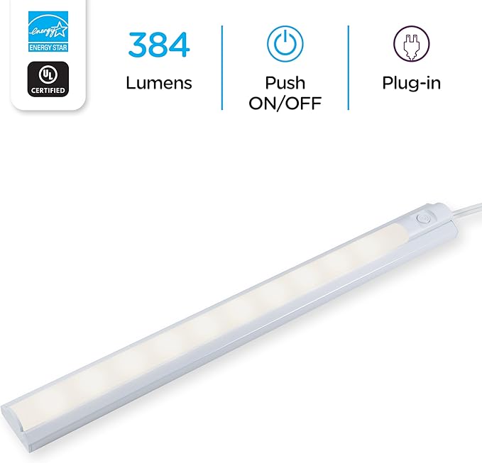 Enbrighten 16 Inch LED Premium Under Cabinet Light Fixture, Plug-in, Bright White 3000K, 384 Lumens, Plastic Housing, On/Off Switch, Perfect for Kitchen, Home Office, Garage, Workbench & More, 26535