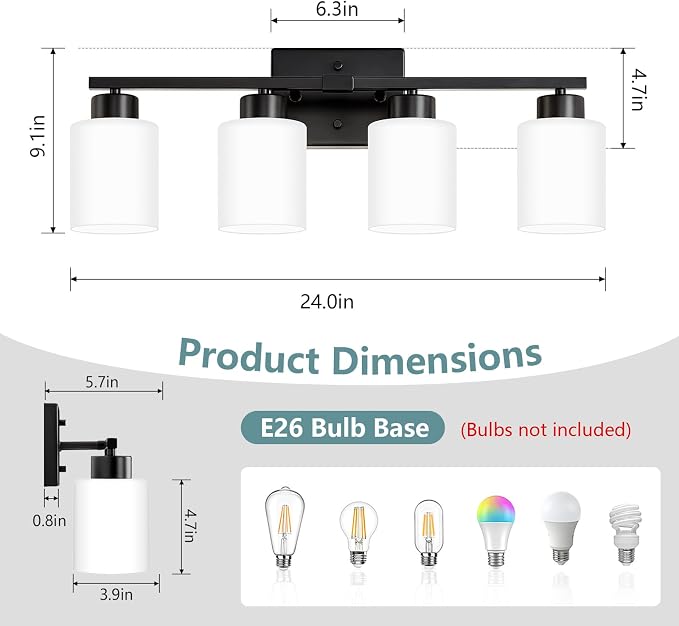 Black Bathroom Light Fixtures Vanity Lighting Over Mirror | 4-Light Modern Wall Sconces with Milky White Frosted Glass Shades for Restroom (E26 Socket)