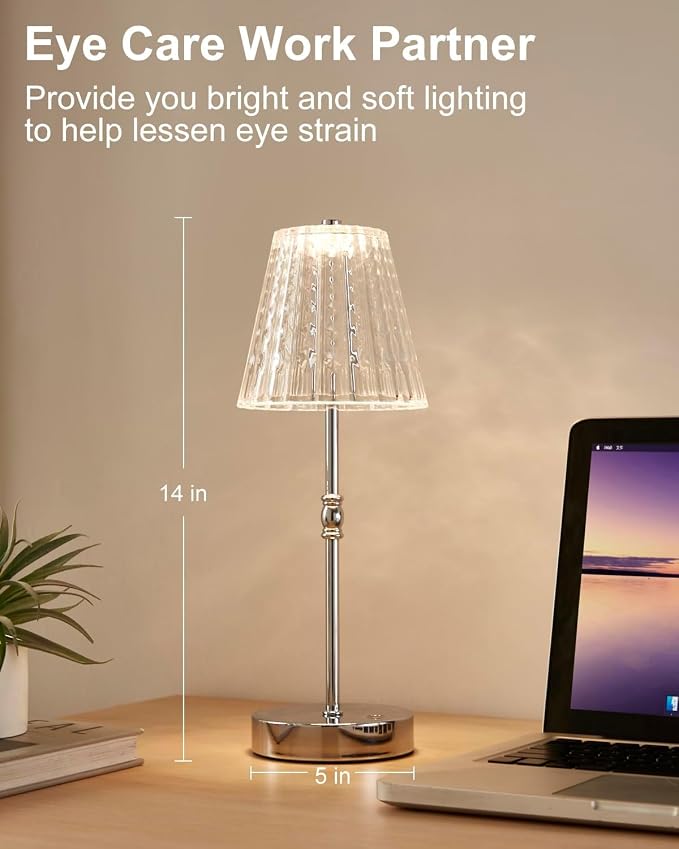 SAIWEYA Cordless Table Lamp Battery Operated Touch Dimming Crystal Lamp | 3 Colors Modes, Rechargeable LED Desk Lamp Night Light for Bedroom, Kitchen, Bar, Office