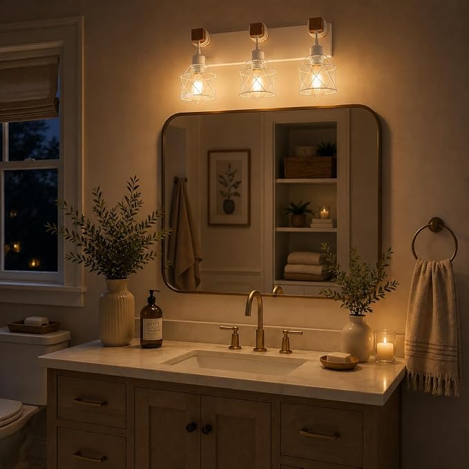Farmhouse Vanity Light Fixture,3-Light Bathroom Lighting,White Modern Wood Wall Light Over Mirror with Metal Shade,Bulbs NOT Included