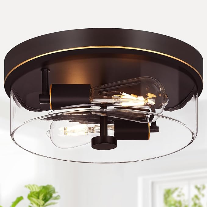Flush Mount Ceiling Light Fixtures, 2-Light Oil Rubbed Bronze Ceiling Mount for Farmhouse with Clear Glass Lampshade, Industrial Flush Mount Light Fixture for Hallway, Kitchen, Entryway and Foyer