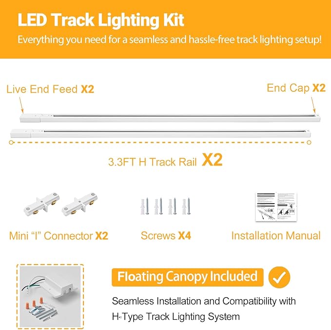 VANoopee 6.6FT H Track Lighting Rails White H Type Track Lighting Kit with Floating Canopy Connector, End Caps, Live End Feeds, I Connectors, Compatible with Single Circuit H Style Track System
