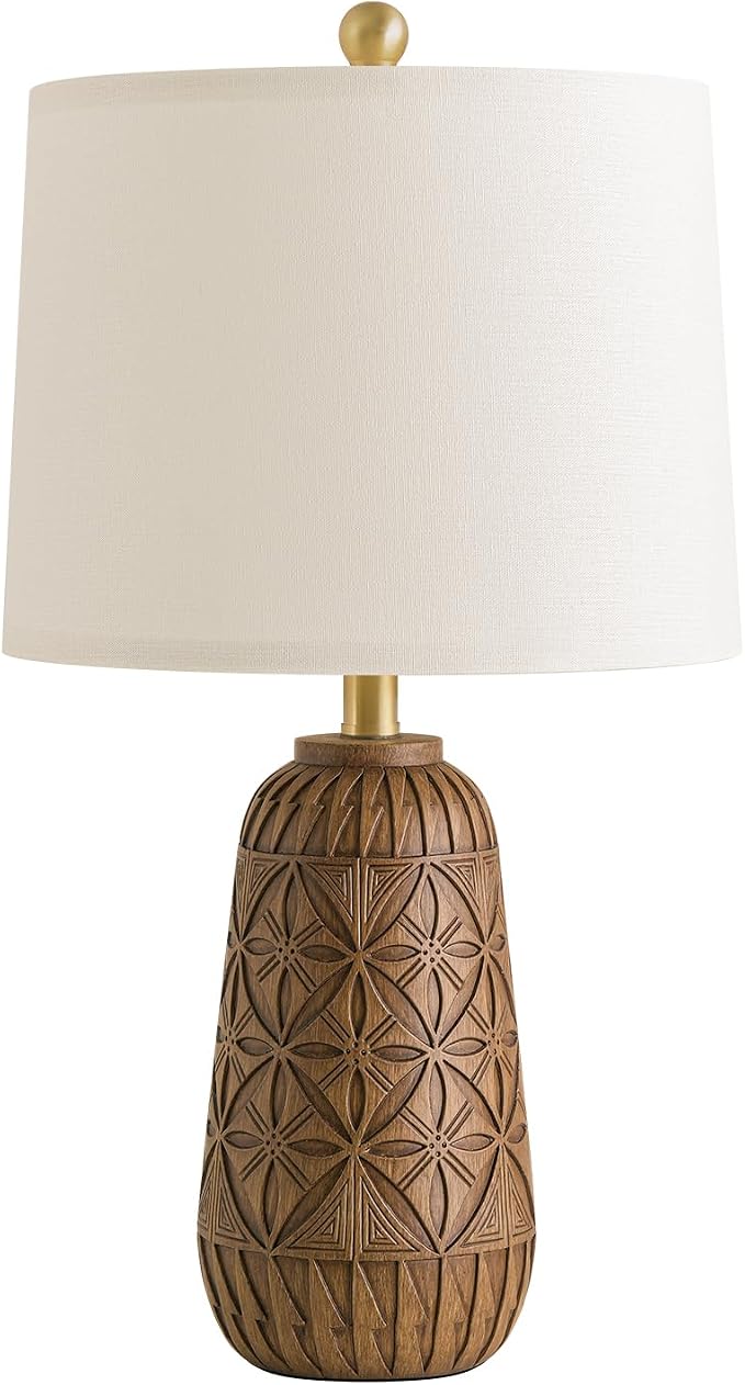 BOBOMOMO 24" Modern Farmhouse Table Lamp, Geometric Hand-Carved Resin Bedside Lamp with Wood Grain Finish, Rustic Nightstand Lamp for Bedroom & Living Room, Cottage Decor, Rotary Switch
