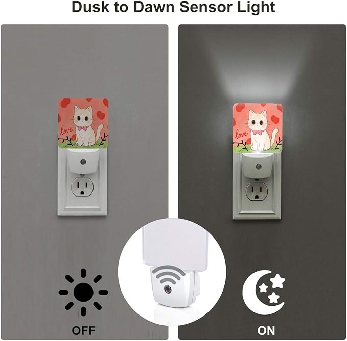 Love Heart Cute Cat Kitten LED Plug-in Night 2 Lamp, Auto Sensor Nightlights Adults for Bedroom Bathroom Set of 2
